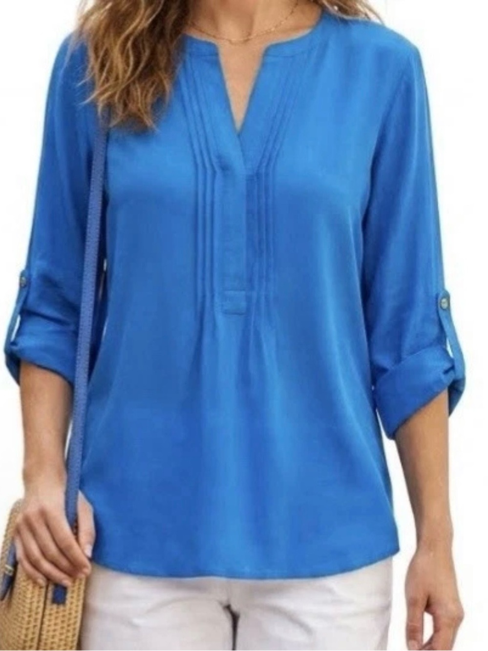 Lilly Pulitzer Dione Chiffon Tunic Top Cobalt Electric Blue Roll Tab Sleeve S